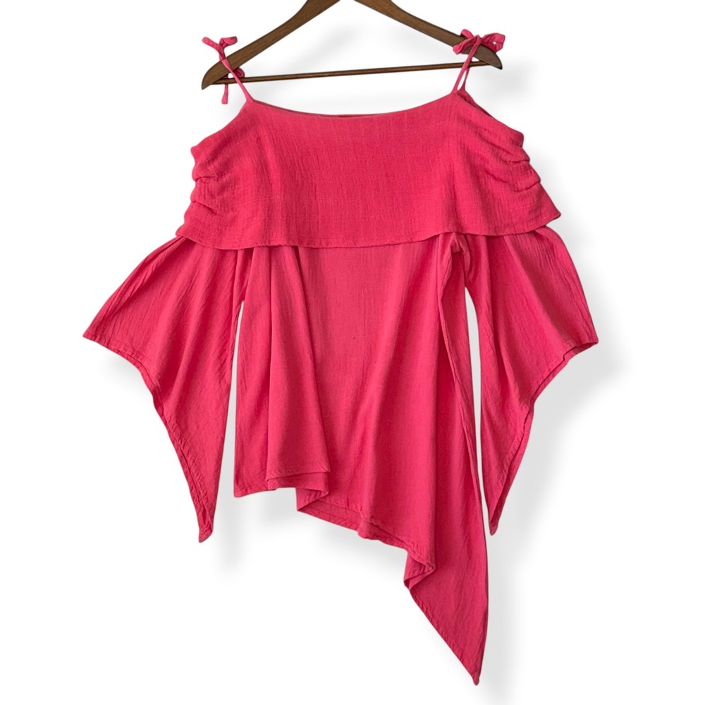 Oh My Gauze! Blouse S/M 1 Pink 100% Cotton Asymmetrical Bell Sleeve Boho Artsy